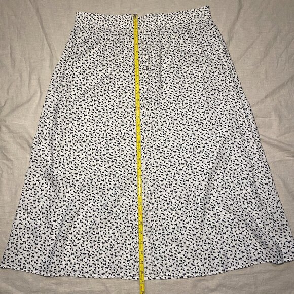 Loft Ann Taylor Black White Cherries Midi Skirt L Pull-On Front Split A-Line EUC - Picture 7 of 8
